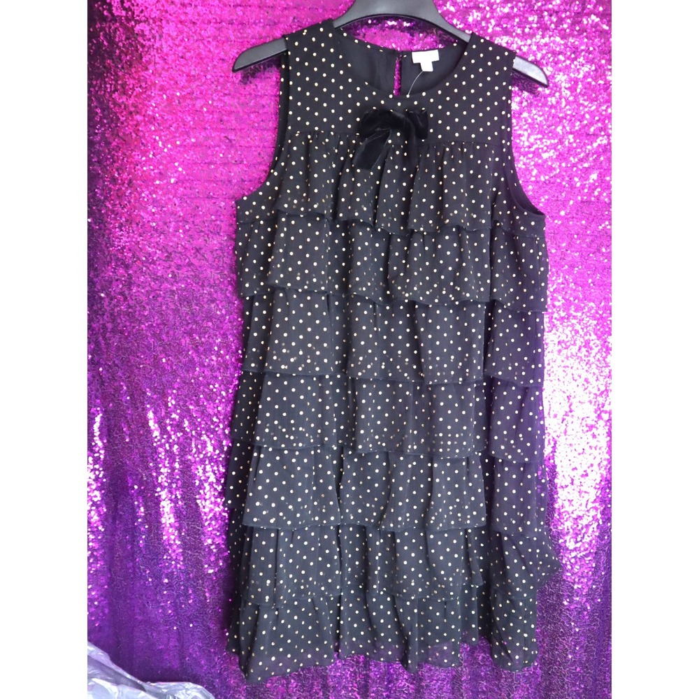 Black Ruffle Tiered Dress 12 J.Crew Women Gold Polka Dot Velvet Bow CP905